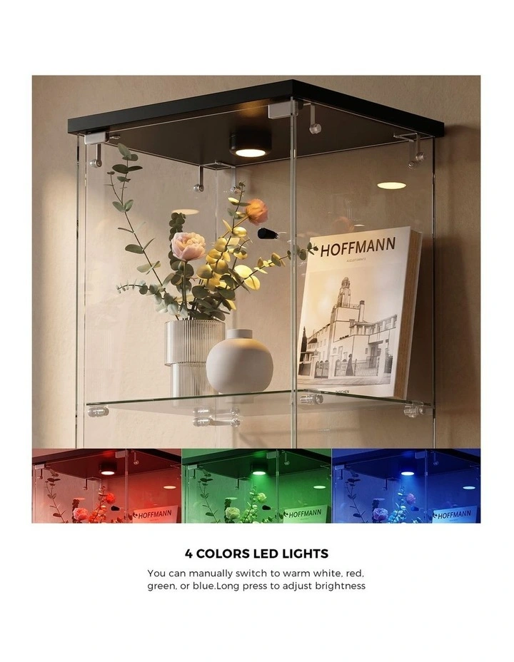 Oikiture Glass Display Cabinet 4-Tier LED Light Bookcase Clear Showcase Black image 6