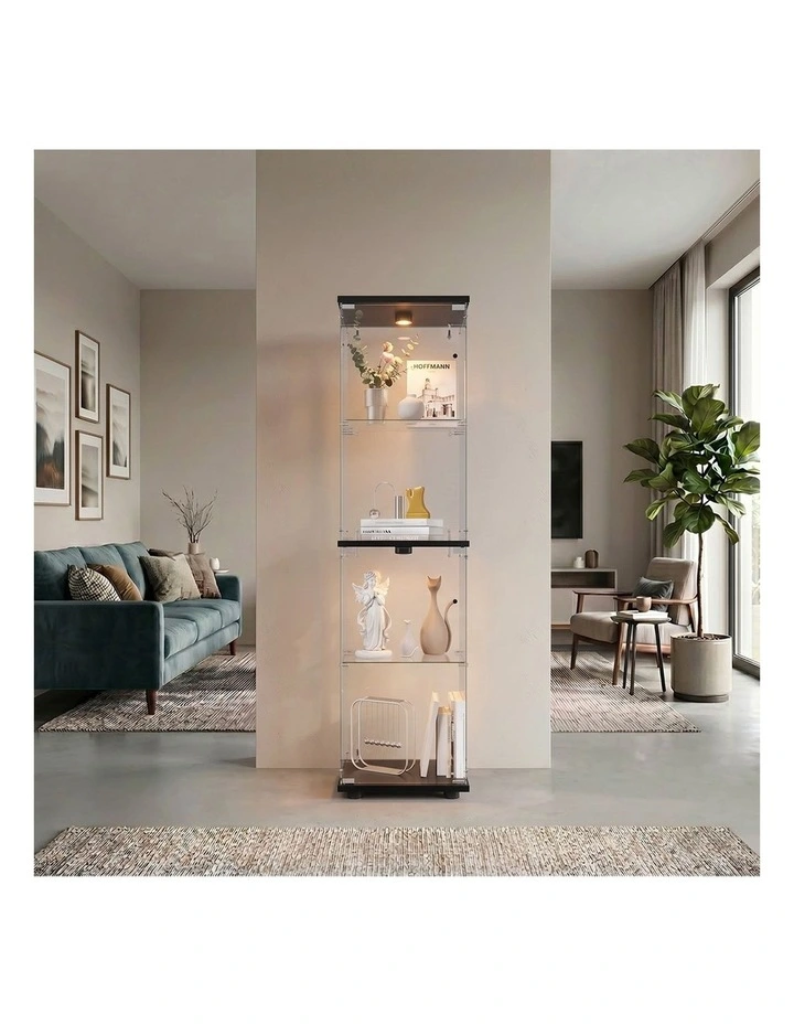 Oikiture Glass Display Cabinet 4-Tier LED Light Bookcase Clear Showcase Black image 7