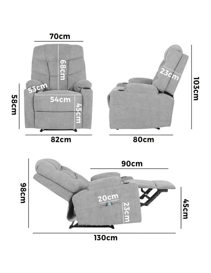 Oikiture Recliner Chair Electric Massage Chair Sofa Lounge Heated Polyester Grey image 3