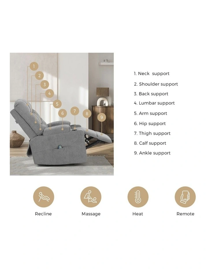 Oikiture Recliner Chair Electric Massage Chair Sofa Lounge Heated Polyester Grey image 7