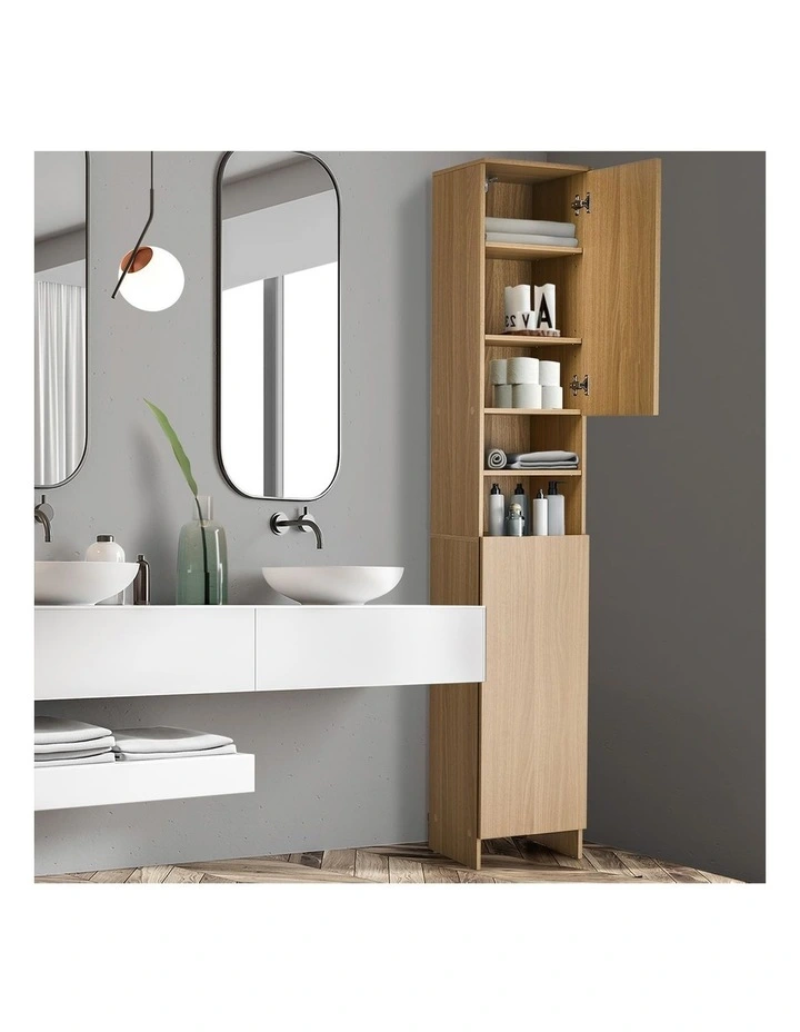 Oikiture Bathroom Cabinet Storage Laundry Tall Slim Floor Cupboard Natural image 5