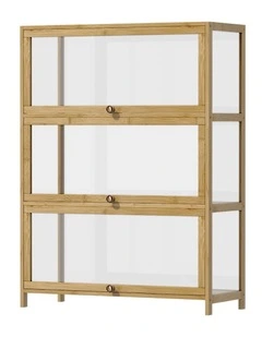 Oikiture Display Cabinet Storage 3-Tier Shelves Clear Bookcase Stand Rack Oak