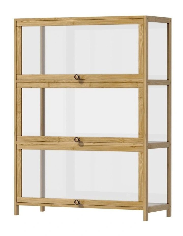 Oikiture Display Cabinet Storage 3-Tier Shelves Clear Bookcase Stand Rack Oak image 1
