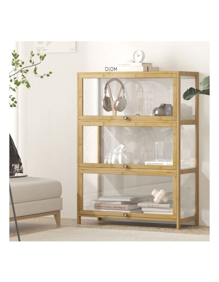 Oikiture Display Cabinet Storage 3-Tier Shelves Clear Bookcase Stand Rack Oak image 4