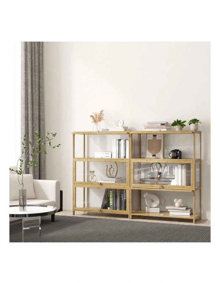 Oikiture Display Cabinet Storage 3-Tier Shelves Clear Bookcase Stand Rack Oak image 5