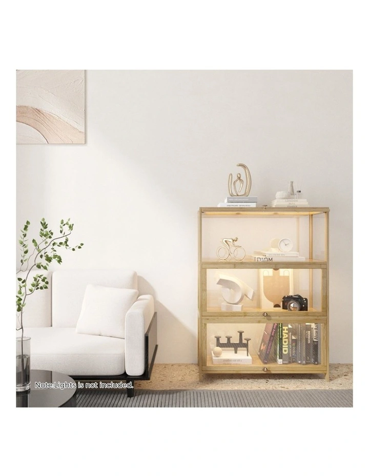 Oikiture Display Cabinet Storage 3-Tier Shelves Clear Bookcase Stand Rack Oak image 7