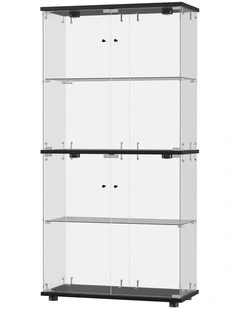 Oikiture Glass Display Cabinet 4-Tier LED Light Bookcase With 2 Doors Black