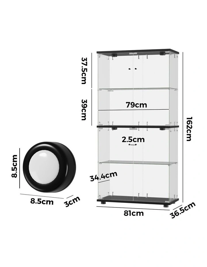 Oikiture Glass Display Cabinet 4-Tier LED Light Bookcase With 2 Doors Black image 3