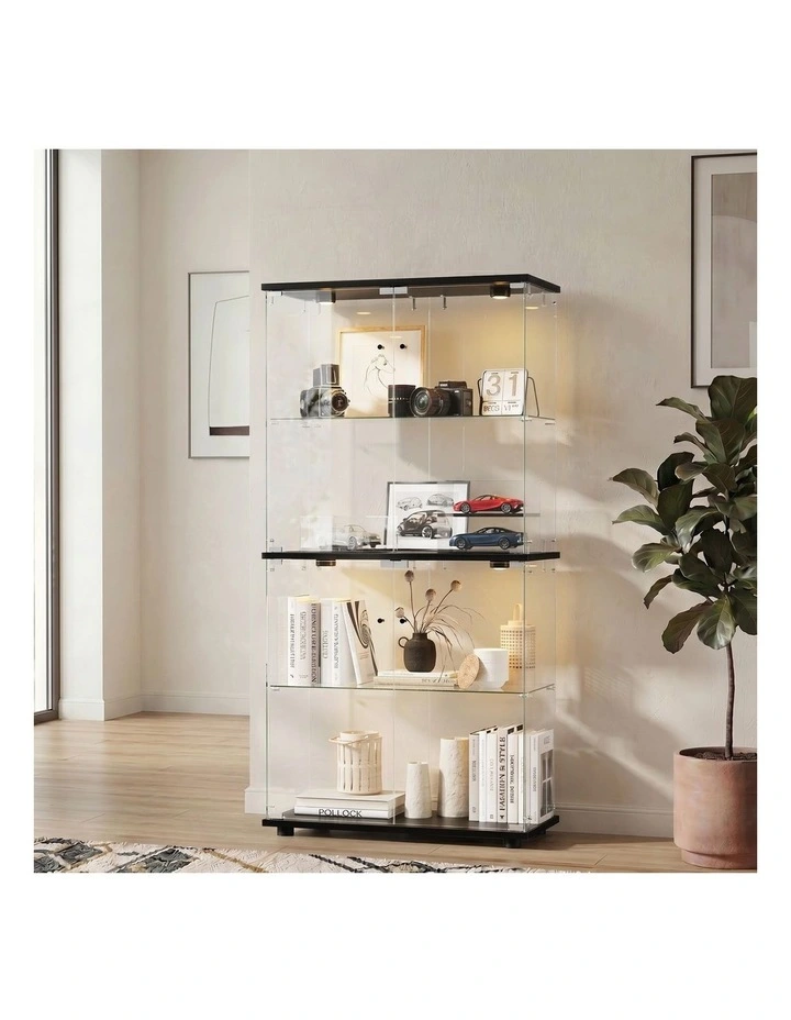 Oikiture Glass Display Cabinet 4-Tier LED Light Bookcase With 2 Doors Black image 4