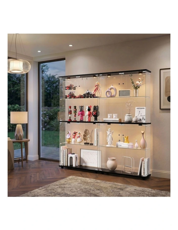 Oikiture Glass Display Cabinet 4-Tier LED Light Bookcase With 2 Doors Black image 5