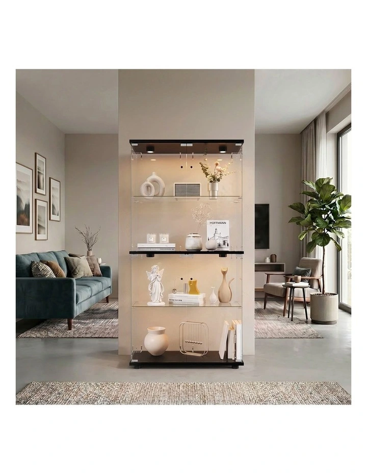 Oikiture Glass Display Cabinet 4-Tier LED Light Bookcase With 2 Doors Black image 7