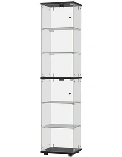 Oikiture Glass Display Cabinet 6-Tier LED Light Bookcase Clear Showcase Black