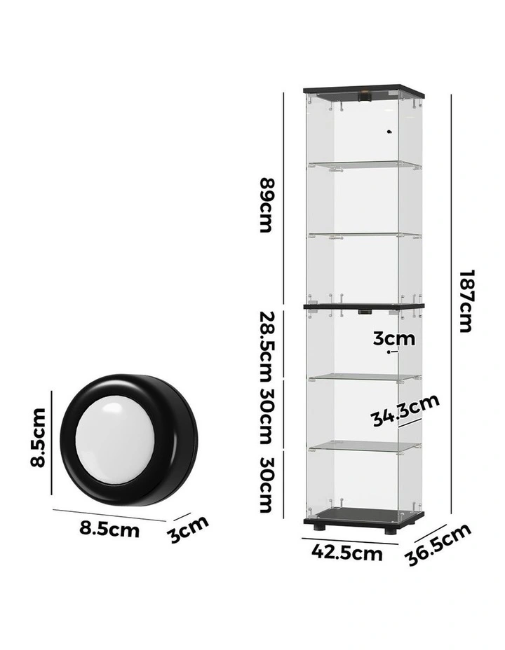 Oikiture Glass Display Cabinet 6-Tier LED Light Bookcase Clear Showcase Black image 3