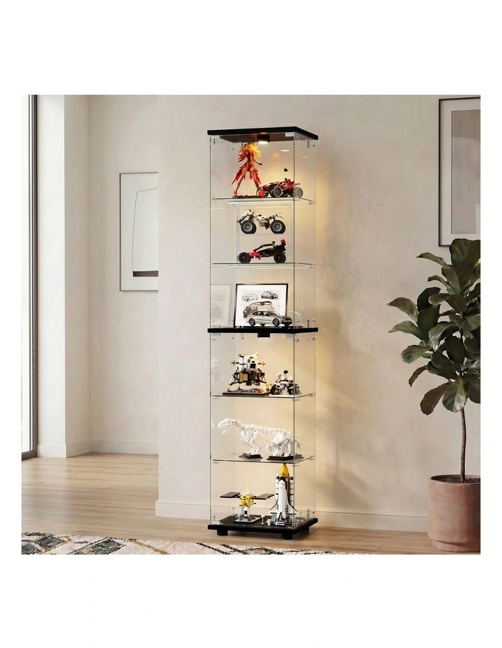 Oikiture Glass Display Cabinet 6-Tier LED Light Bookcase Clear Showcase Black image 4