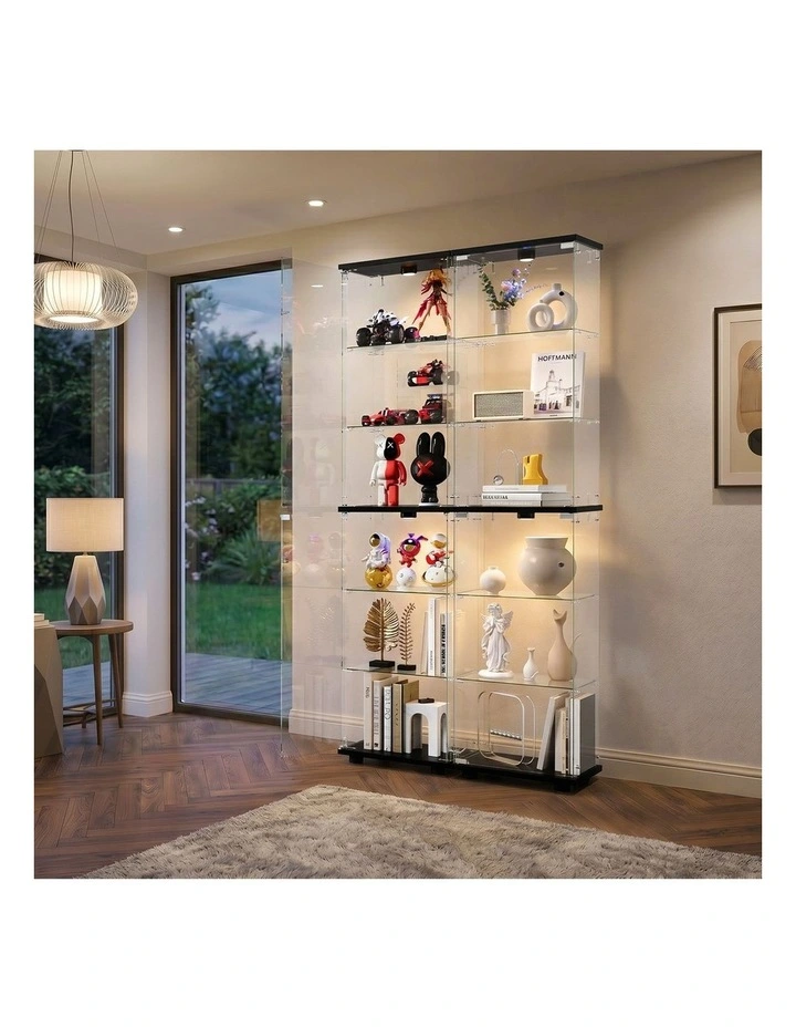 Oikiture Glass Display Cabinet 6-Tier LED Light Bookcase Clear Showcase Black image 5