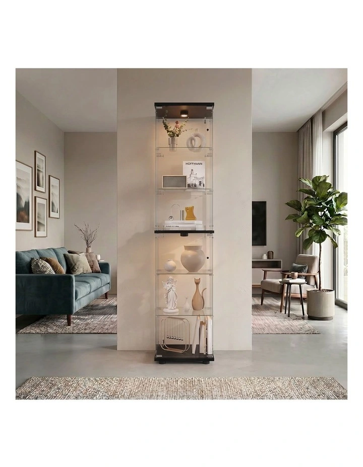 Oikiture Glass Display Cabinet 6-Tier LED Light Bookcase Clear Showcase Black image 7