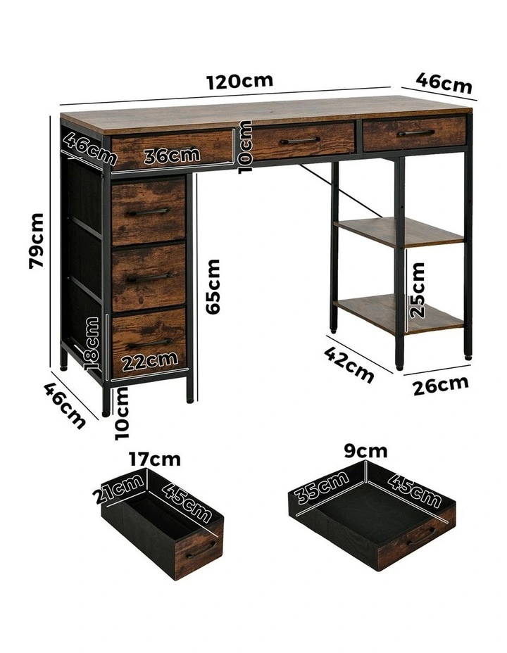 Oikiture Computer Desk with 6 Fabric Drawers Storage Shelves Gaming Table 120cm image 3