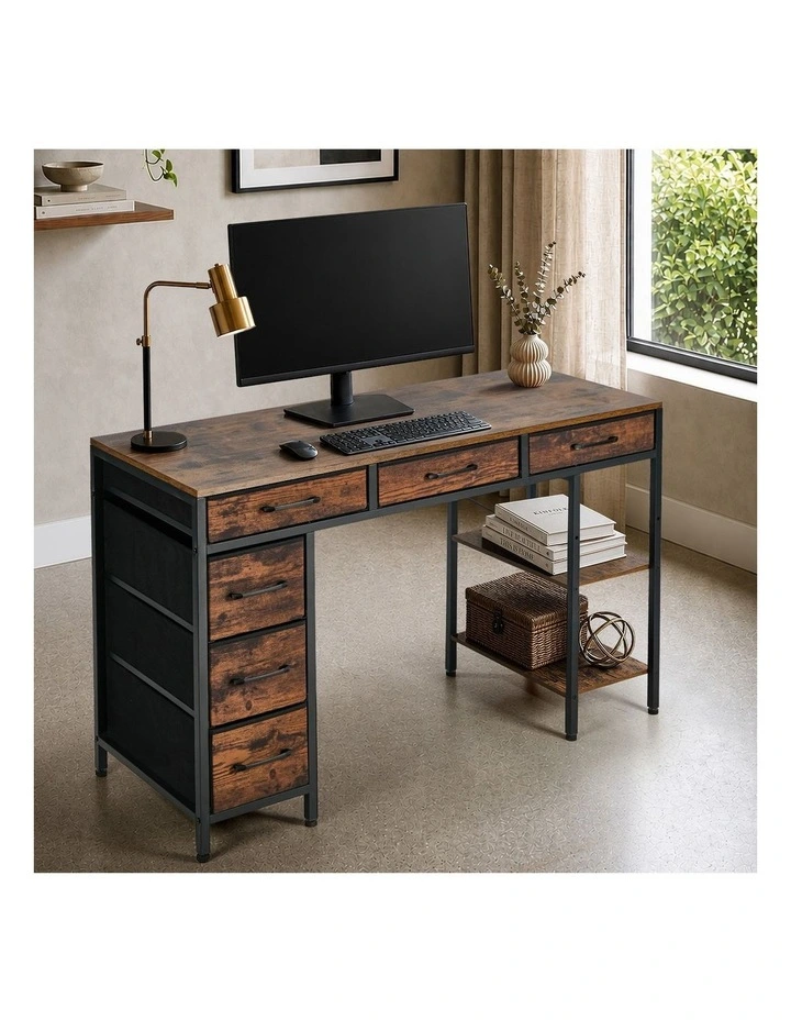 Oikiture Computer Desk with 6 Fabric Drawers Storage Shelves Gaming Table 120cm image 4