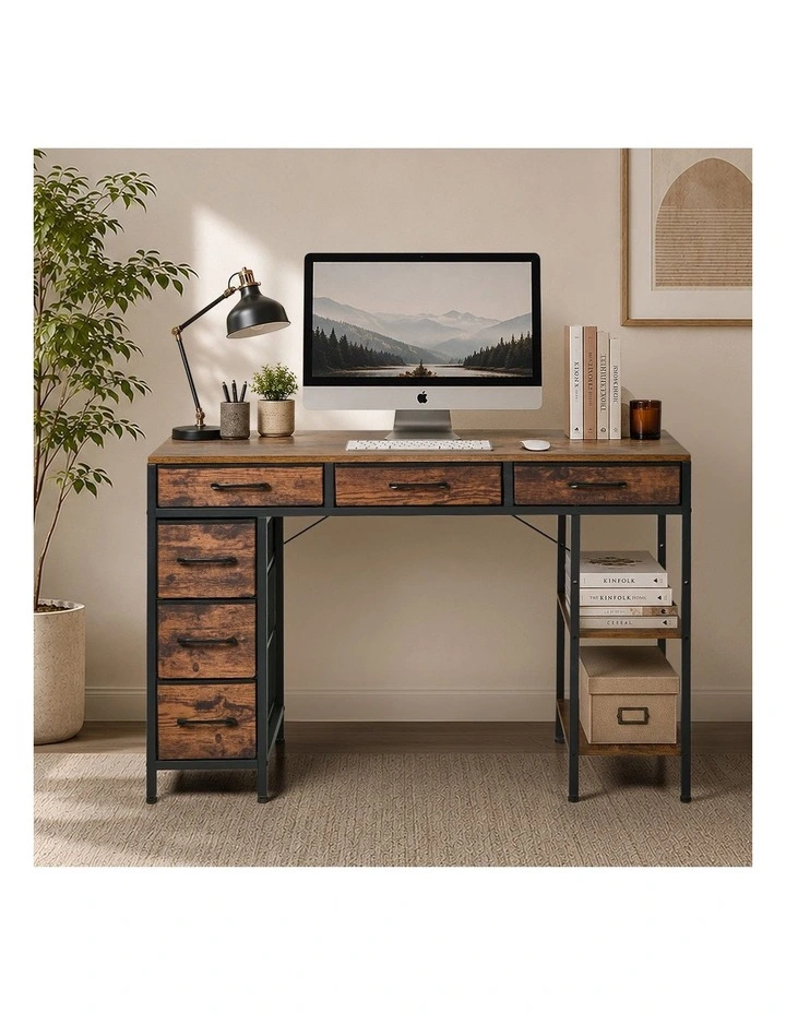 Oikiture Computer Desk with 6 Fabric Drawers Storage Shelves Gaming Table 120cm image 5