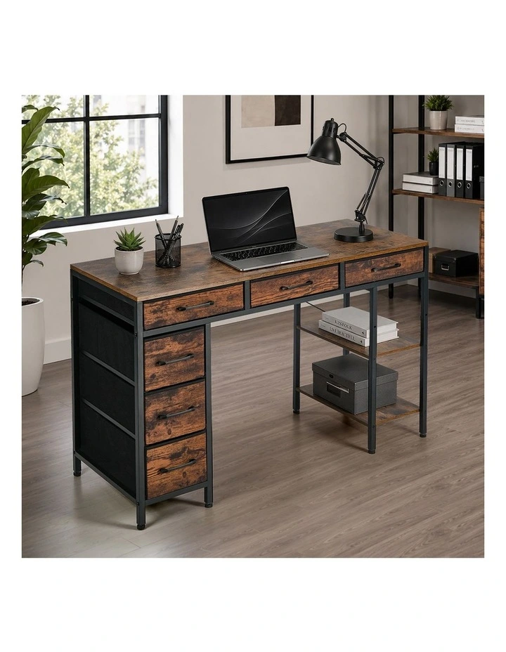 Oikiture Computer Desk with 6 Fabric Drawers Storage Shelves Gaming Table 120cm image 7