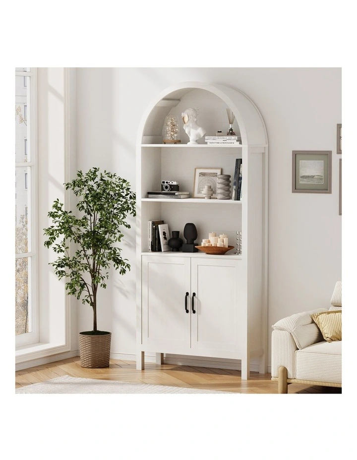 Oikiture Arched Bookshelf Display Shelf Bookcase Bookshelves Storage White image 4