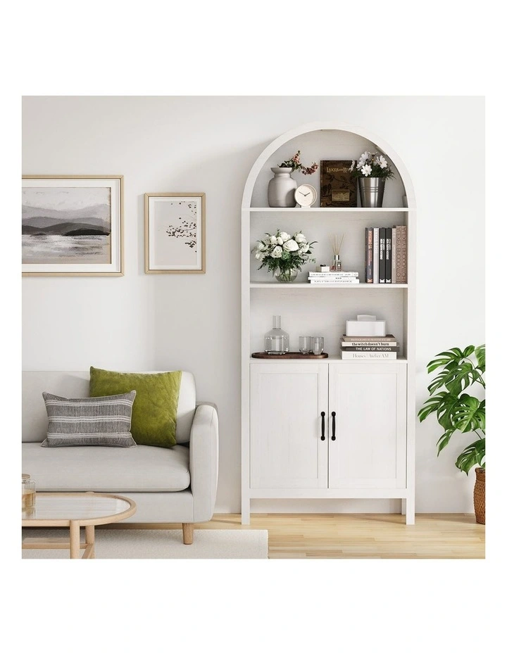 Oikiture Arched Bookshelf Display Shelf Bookcase Bookshelves Storage White image 7