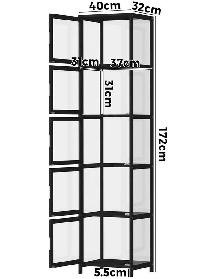 Oikiture Display Cabinet 5-Tier Slim Storage Shelves Clear Bookcase Rack Black image 3