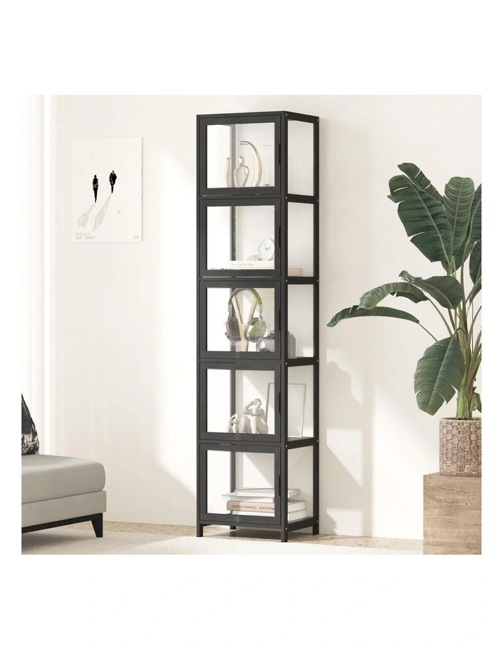 Oikiture Display Cabinet 5-Tier Slim Storage Shelves Clear Bookcase Rack Black image 4