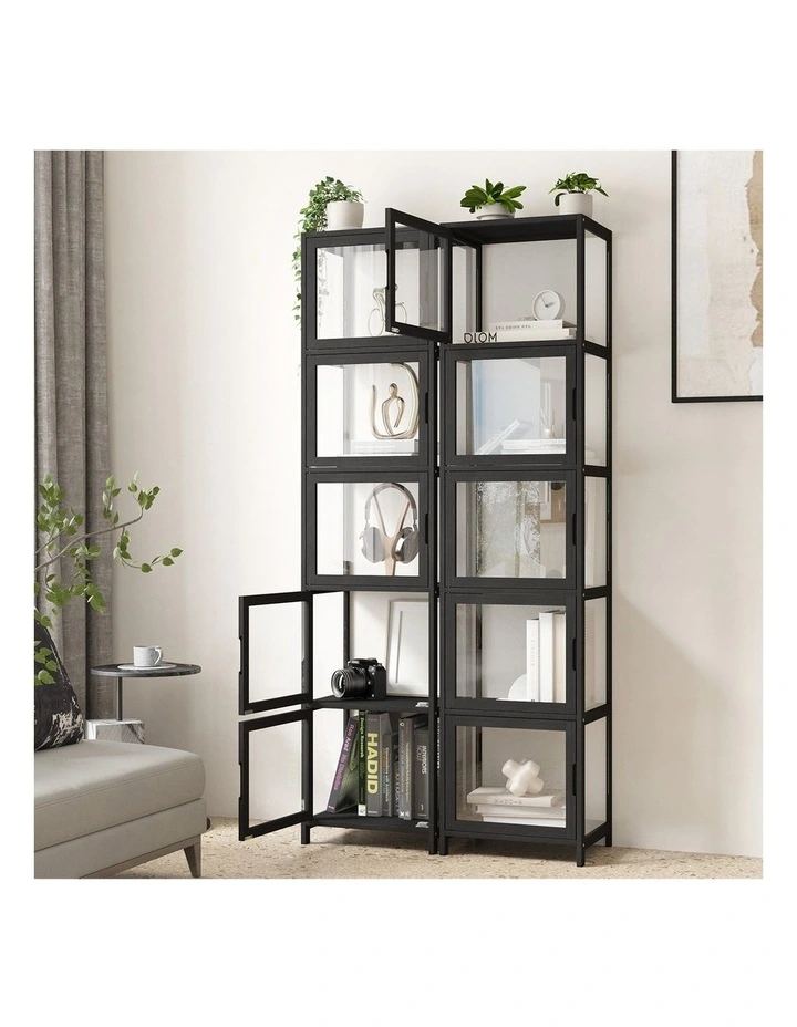 Oikiture Display Cabinet 5-Tier Slim Storage Shelves Clear Bookcase Rack Black image 5