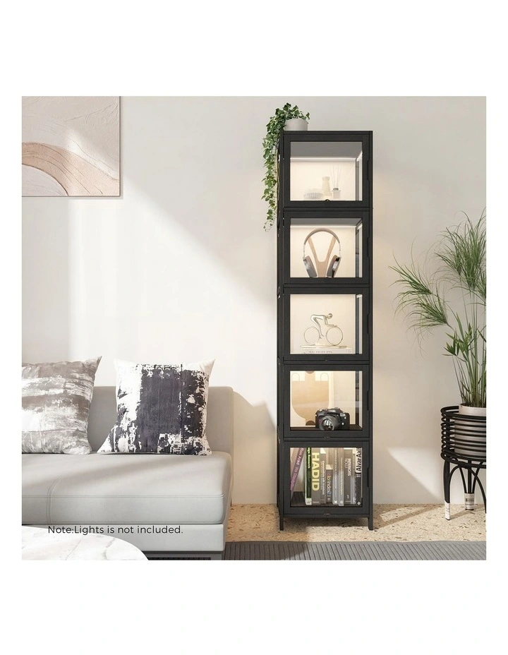 Oikiture Display Cabinet 5-Tier Slim Storage Shelves Clear Bookcase Rack Black image 7