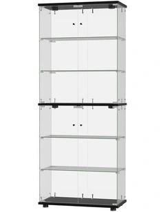 Oikiture Glass Display Cabinet 6-Tier LED Light Bookcase With 2 Doors Black