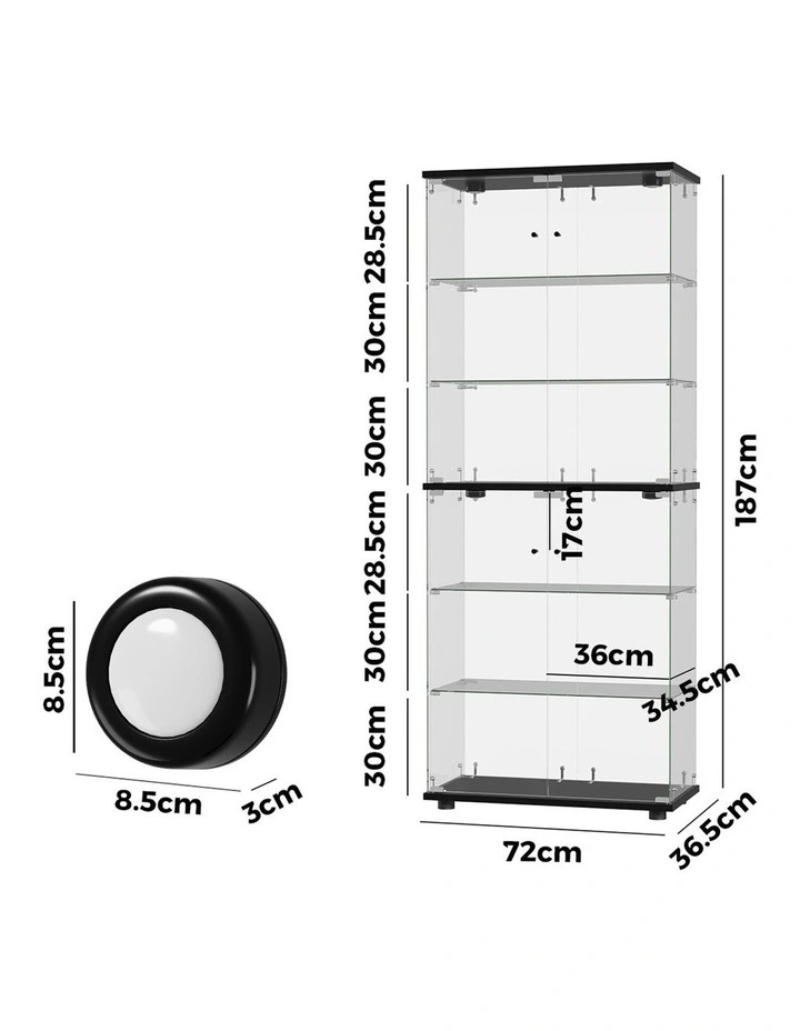 Oikiture Glass Display Cabinet 6-Tier LED Light Bookcase With 2 Doors Black image 3