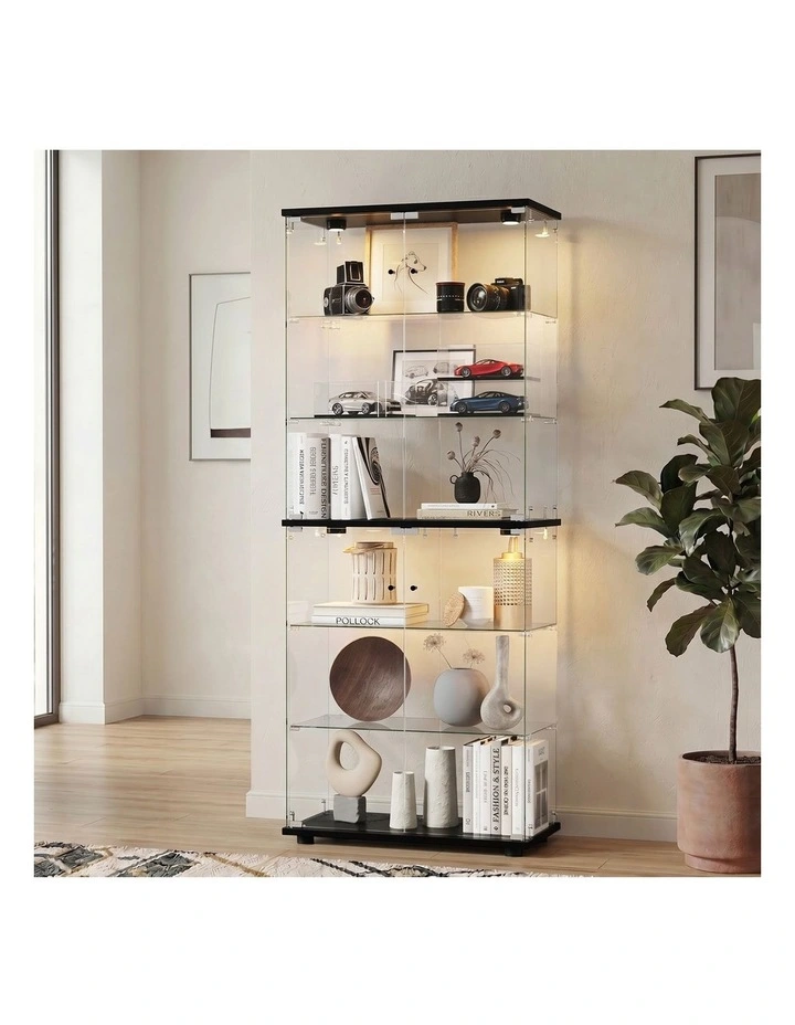 Oikiture Glass Display Cabinet 6-Tier LED Light Bookcase With 2 Doors Black image 4