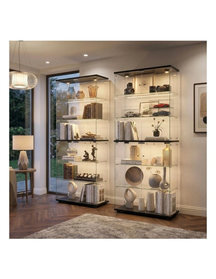 Oikiture Glass Display Cabinet 6-Tier LED Light Bookcase With 2 Doors Black image 5
