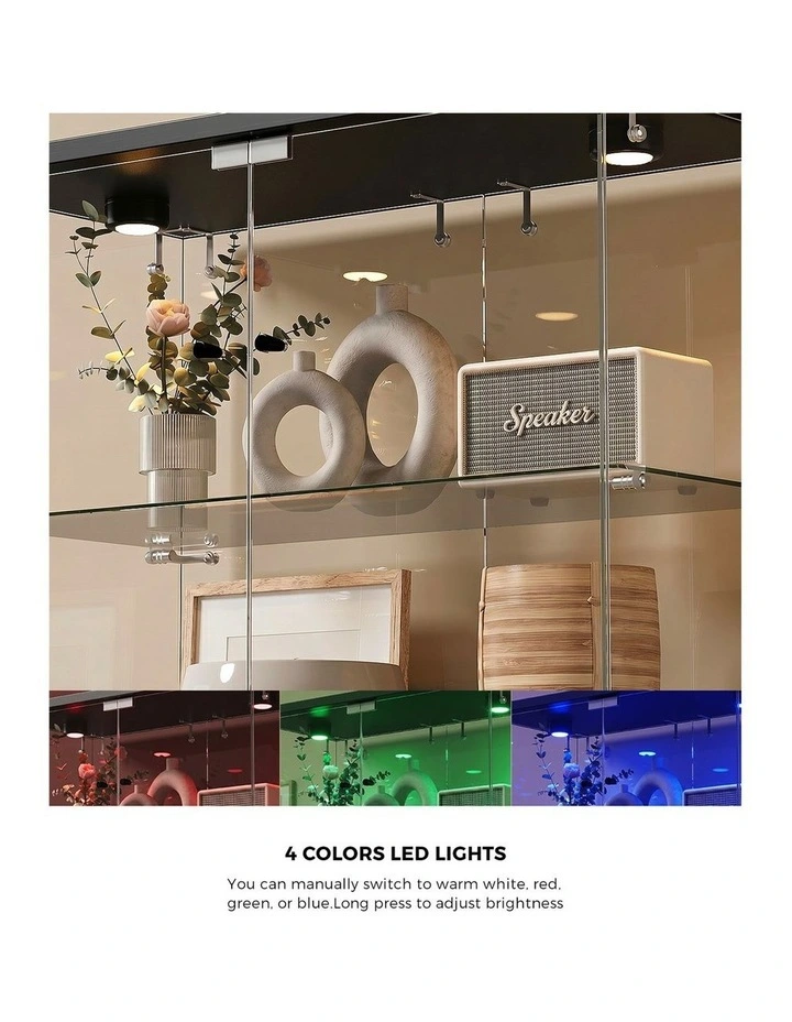 Oikiture Glass Display Cabinet 6-Tier LED Light Bookcase With 2 Doors Black image 6