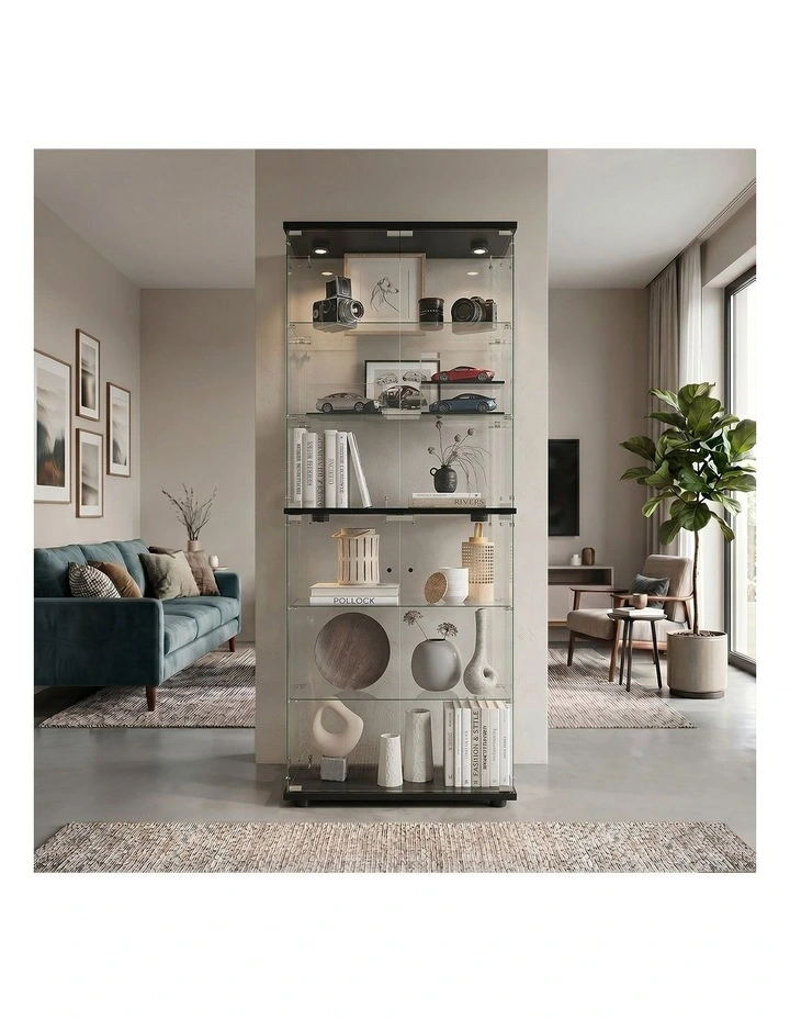Oikiture Glass Display Cabinet 6-Tier LED Light Bookcase With 2 Doors Black image 7