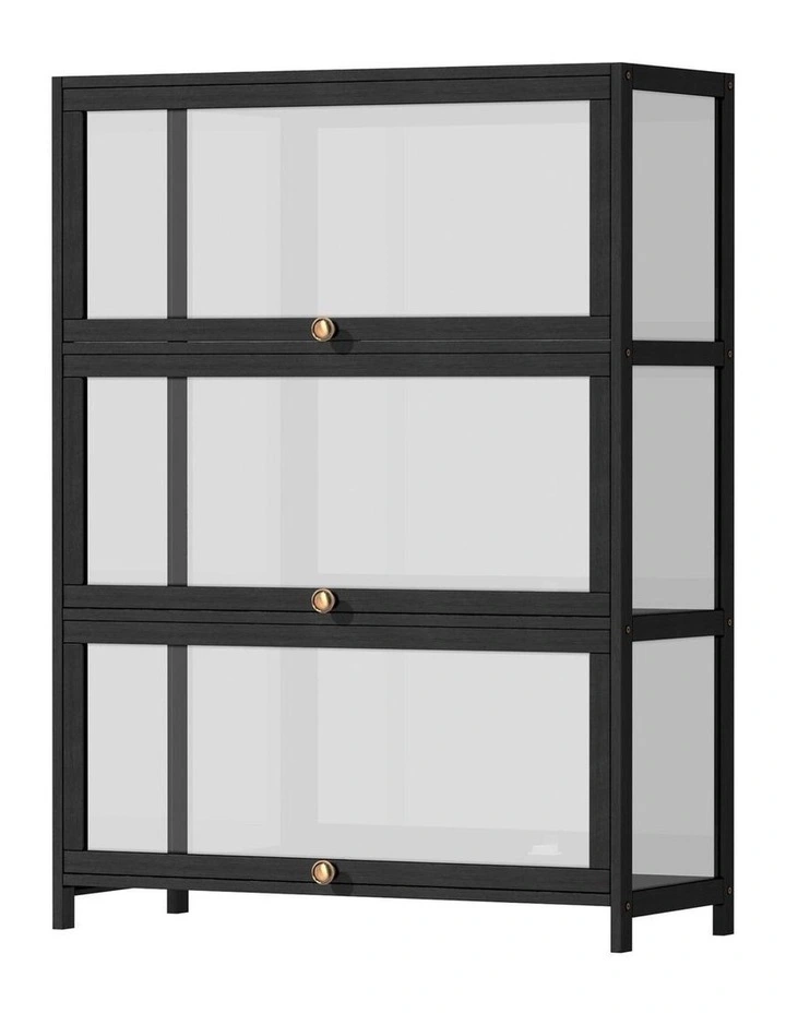 Oikiture Display Cabinet Storage 3-Tier Shelves Clear Bookcase Stand Rack Black image 1