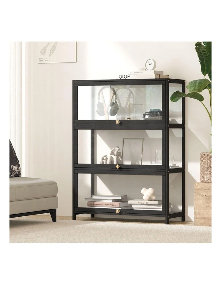 Oikiture Display Cabinet Storage 3-Tier Shelves Clear Bookcase Stand Rack Black image 4