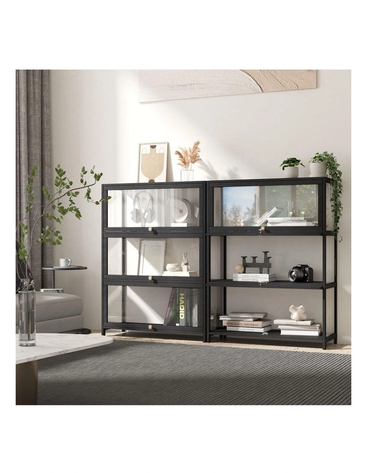 Oikiture Display Cabinet Storage 3-Tier Shelves Clear Bookcase Stand Rack Black image 5