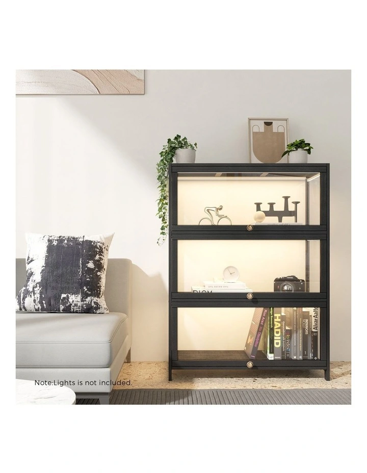 Oikiture Display Cabinet Storage 3-Tier Shelves Clear Bookcase Stand Rack Black image 7