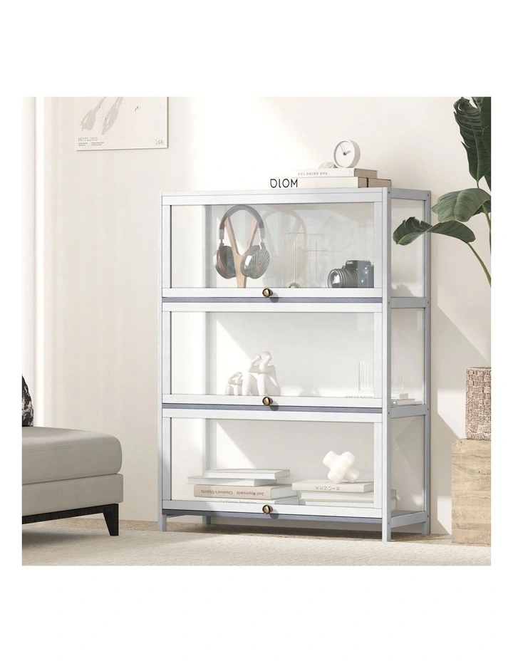 Oikiture Display Cabinet Storage 3-Tier Shelves Clear Bookcase Stand Rack White image 4
