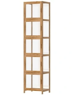 Oikiture Display Cabinet 5-Tier Slim Storage Shelves Clear Bookcase Rack Brown