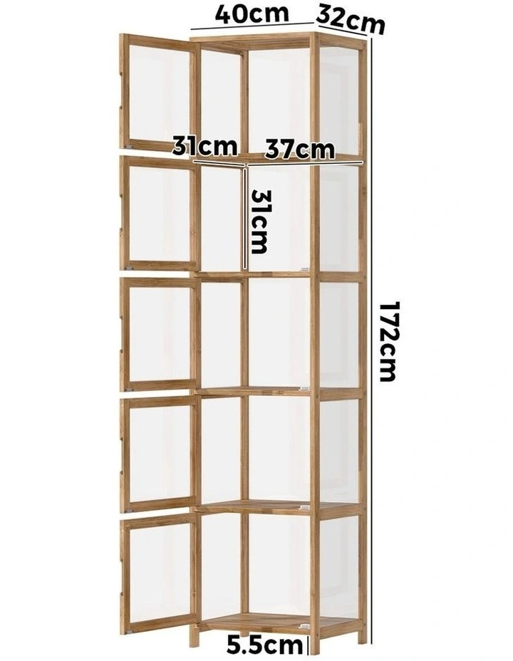 Oikiture Display Cabinet 5-Tier Slim Storage Shelves Clear Bookcase Rack Brown image 3