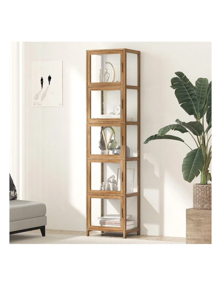 Oikiture Display Cabinet 5-Tier Slim Storage Shelves Clear Bookcase Rack Brown image 4