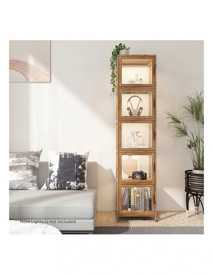 Oikiture Display Cabinet 5-Tier Slim Storage Shelves Clear Bookcase Rack Brown image 7