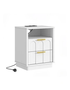 White Bedside Table with Charging Station with Gold Handle - Foil-laminated Particleboard & MDF