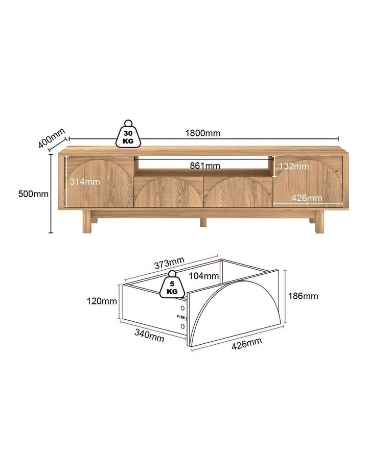 Arched TV Entertainment Unit TV Cabinet 180 CM - Foil-laminated Particleboard & MDF / oak image 7