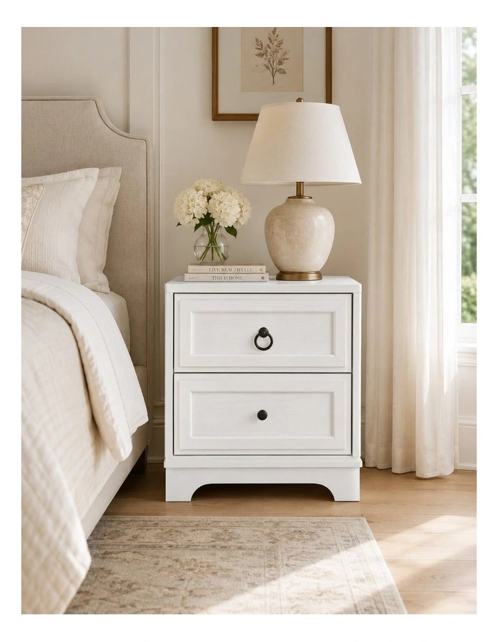 White 2 Drawer Bedside Table - Classic Hamptons Style - Foil-laminated Particleboard & MDF image 2