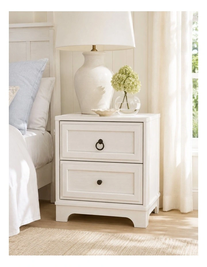 White 2 Drawer Bedside Table - Classic Hamptons Style - Foil-laminated Particleboard & MDF image 3