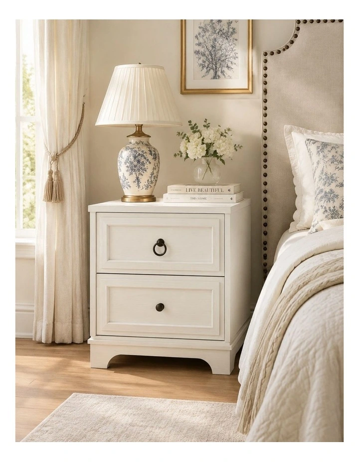 White 2 Drawer Bedside Table - Classic Hamptons Style - Foil-laminated Particleboard & MDF image 4